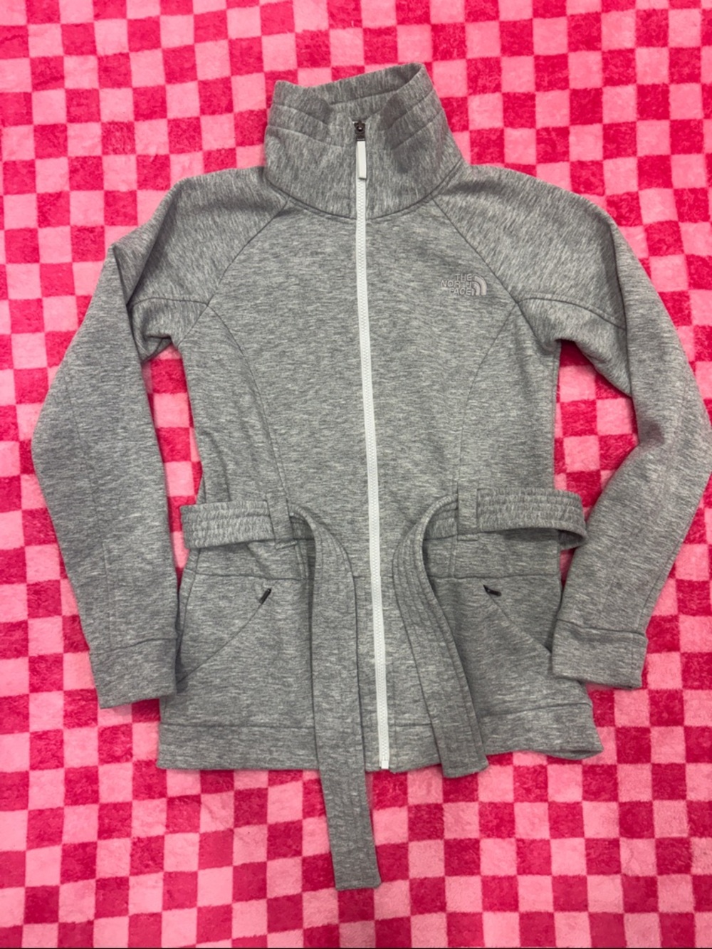 The North Face Women's Gray Heather Zip Front Turtleneck Jacket With Tie-Belt